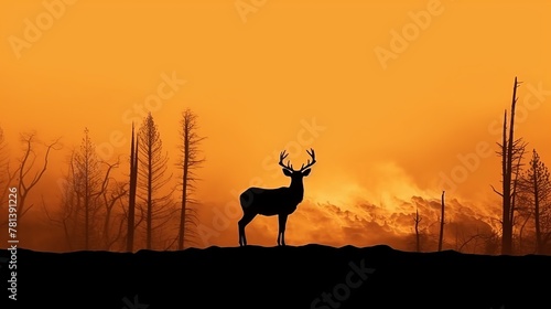 Deer with big antlers on the background of a forest fire