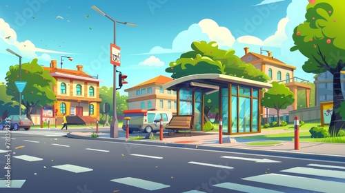 An urban scene with a bus stop  house  office and hospital buildings  a car road with pedestrian crosswalks  modern cartoon illustration  depicting a city street with a bus stop  shelter  and other