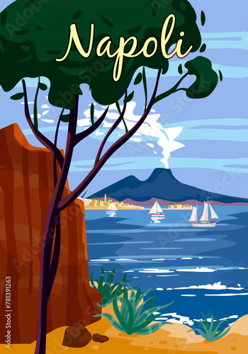 Naples Retro Poster Italia. Mediterranean sea, smoke volcano Vesuvius, coast, rock. Vector illustration postcard