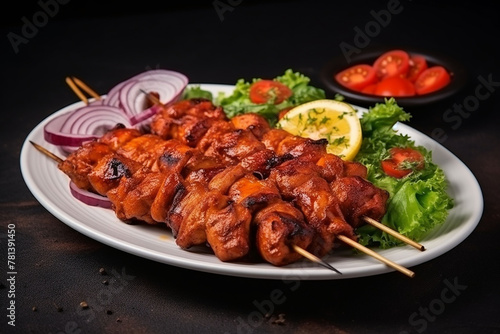Delicious bbq on white dish food festival tasty food roasting on skewers, food court. AI