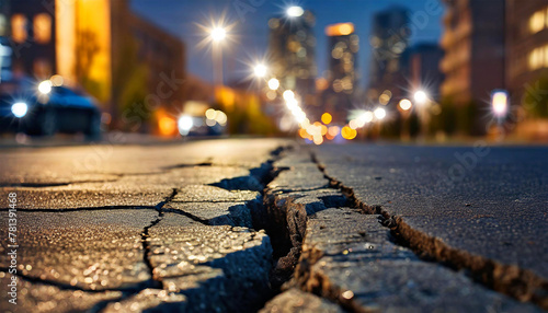 Close-up and bottom view of a city street with a long and wide crack in the asphalt after a terrible earthquake, on background a blurry city with buildings and city lights in the night. Generative Ai. photo