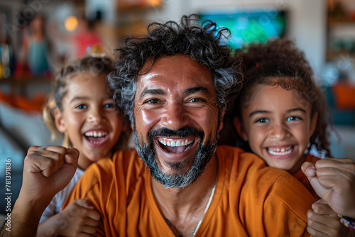 Happy African American father with two kids laughing together