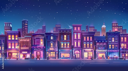 An urban street scene with glowing windows at night, and a cityscape with roads, houses, shops, offices, and skyscrapers with neon signs, modern cartoon illustration.