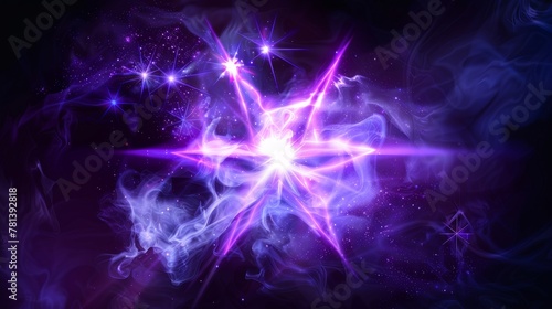 Magic burst effect with purple light, blue sparks, and steam isolated on transparent background, modern realistic illustration.