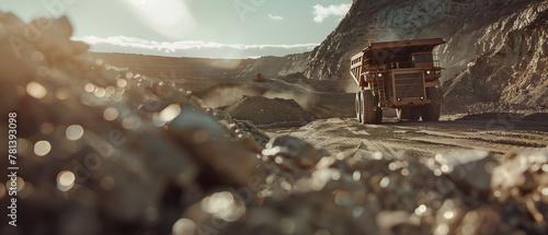 Close-up wide shot, open pit cobalt mine with dump trucks on sunny day, bright, natural light photo