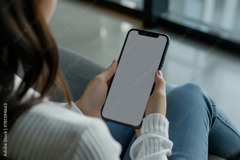 App demo near shoulder of a adult woman holding an smartphone with a completely grey screen