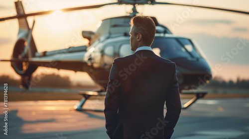 entrepreneur or businessman standing in front of his helicopter, luxury lifestyle of successful business person or successful career concept 