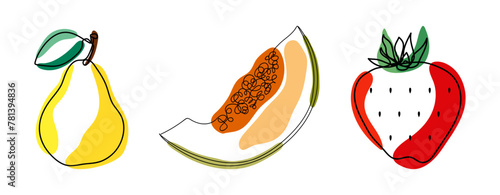 A set of fruit icons in a linear style. Melon, pear, strawberry. For project design. Vector design