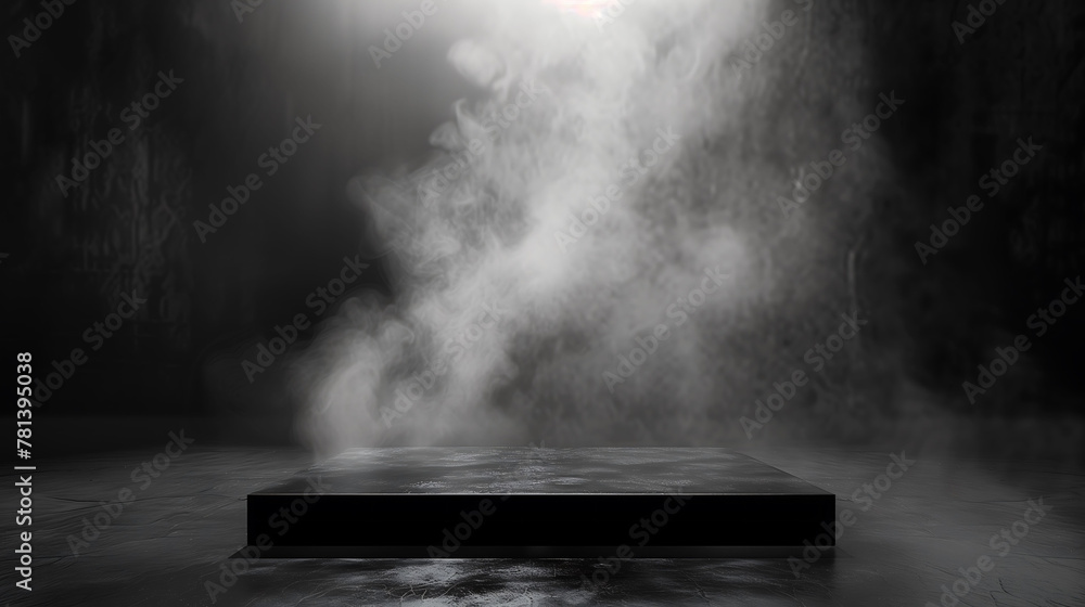 Dramatic Display: Product Platform with Black Podium and Dark Smoke Background