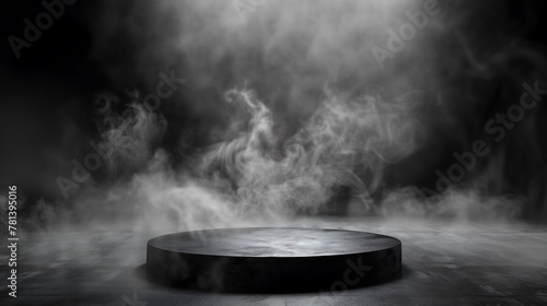 Sleek Presentation: Black Podium with Dark Smoke Atmosphere for Display