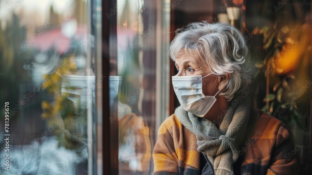Woman in mask gazes out window
