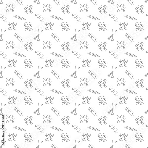 Seamless pattern with patch, thermometer, pills and scissors. Black, white vector illustration.