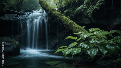 Moss Log and Waterfall in the forest AI Generative image