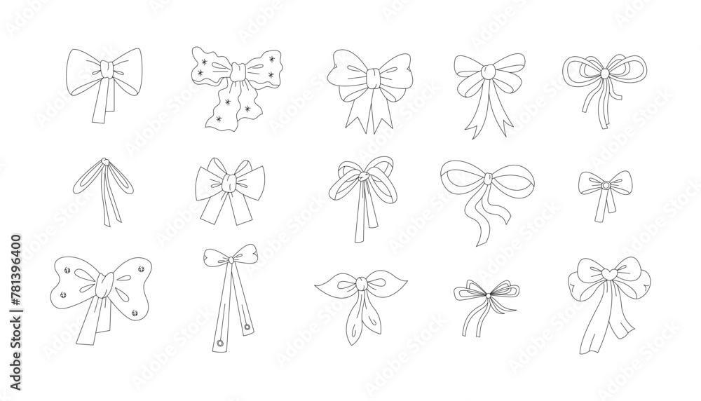 Set of 15 different doodle bows for hair. Black and white vector illustration.