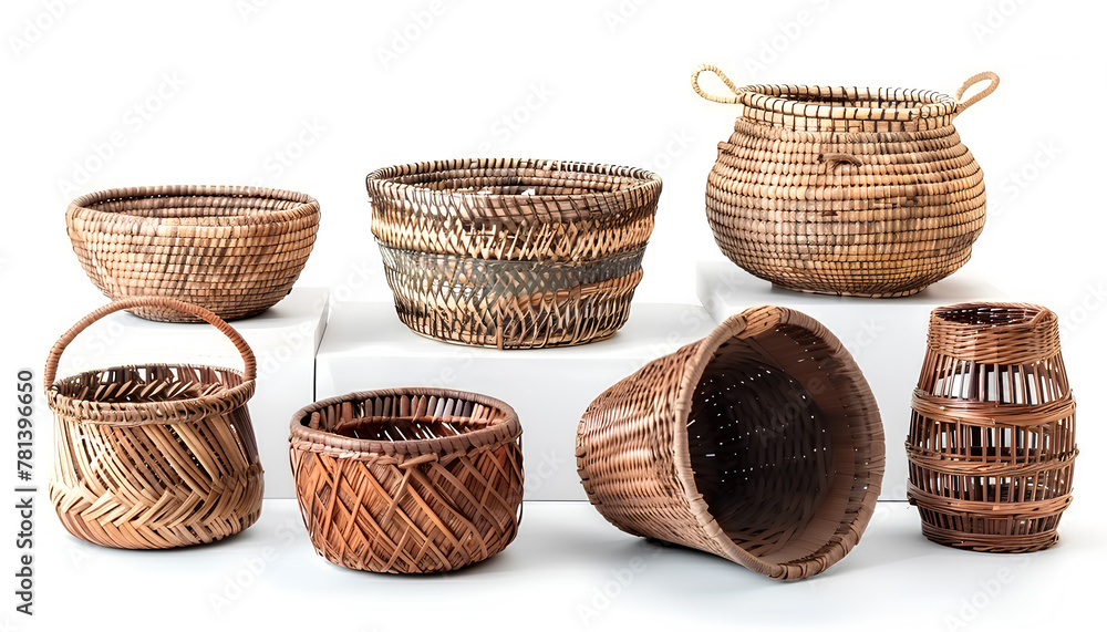 Set of stylish rattan baskets on white background Set of stylish rattan baskets on white background