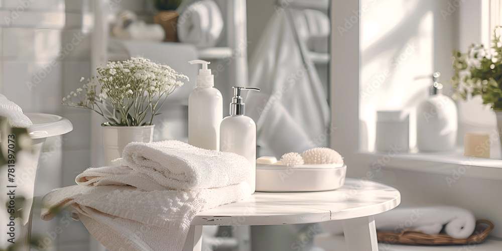 modern luxury interior view of bathroom vanity with white bottles and soaps Cosmetic products for body care are displayed beautifully in elegant soft light in a white bathroom interior with a modern s - obrazy, fototapety, plakaty 