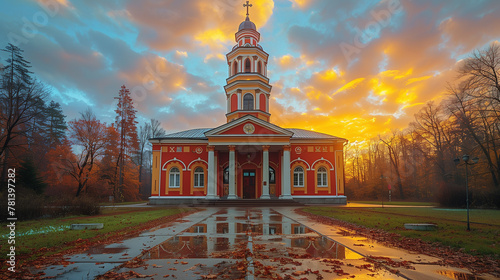 "Dramatic Dawn at Druskininkai Church" "The fiery dawn sky illuminates the Orthodox Church in Druskininkai, a tranquil reflection of faith amidst autumn foliage."
