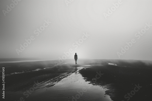 lonely figure walking in mist, concept of loneliness, dramatic silhouette standing alone (2) photo