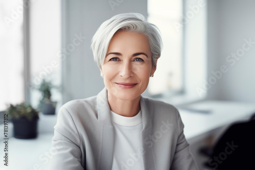A portrait of a middle-aged business woman sitting at the table with laptop in her office