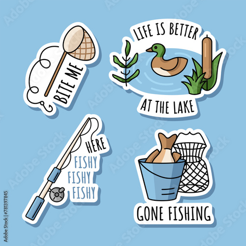 Doodle set of stickers about fishing isolated. Illustrations with equipment for fishing, a fishing rod, a net, a cage.