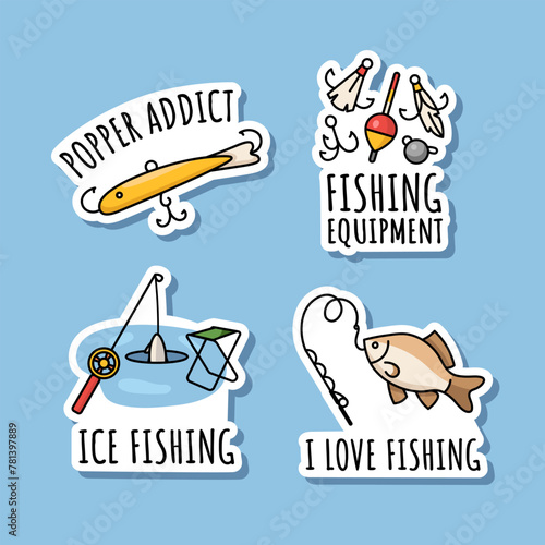 Doodle set of stickers about fishing isolated. Illustrations with equipment for ice fishing.