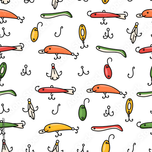 Doodle bait and tackle for fishing on a white background. Wobbler, hook seamless pattern.