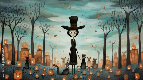 A quirky witch in a spooky graveyard backdrop