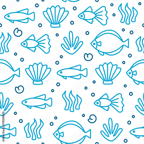 Blue fish swim underwater among algae outline seamless pattern on white background.