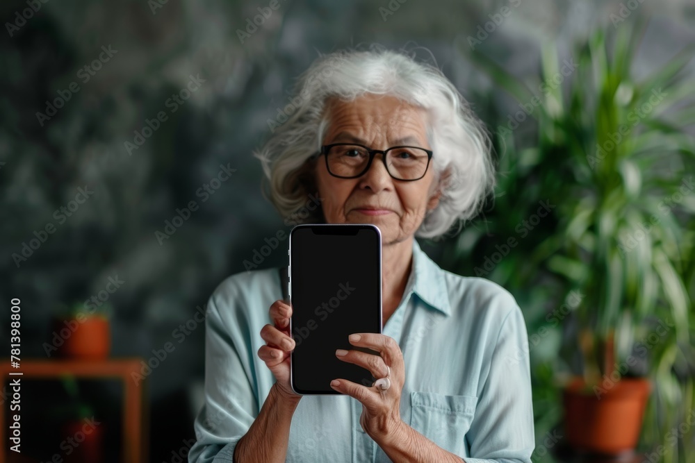 Application mockupover the shoulder shot of a senior citizen woman holding an smartphone with a completely black screen Application mockupover the shoulder shot of a senior citizen woman holding an smartphone with a completely black screen