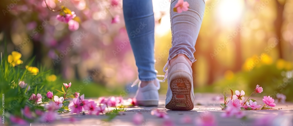 Portrait of a woman leg walking through a flower garden wearing denim pants and sneakers with a big space a spring flower garden, Generative AI. - obrazy, fototapety, plakaty 