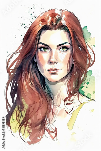 portrait of a girl with red hair and green eyes in the style of a watercolor painting
