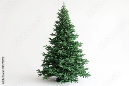A tall, artificial green Christmas tree without decorations isolated on a white background. Artificial Green Christmas Tree Isolated