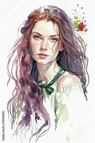 girl with long hair and green eyes, wearing a green dress, in the style of a watercolor sketch