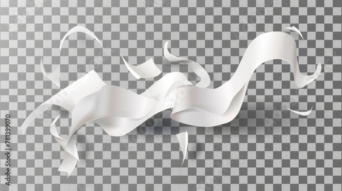 Fly white paper sheet isolated on transparent background. Falling office paperwork set with bent and curled edges on wind. Mockup with bent and curved A4 sheets and wind. photo