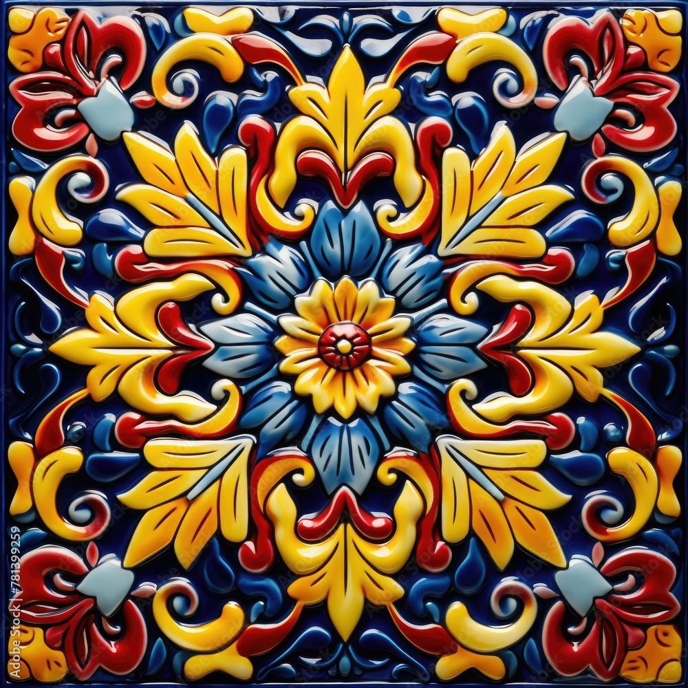 Hand-Painted Italian Majolica Ceramic Tile with Dynamic Red, Yellow, and Blue Design