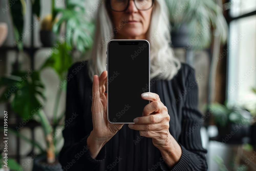 Display mockup from a shoulder angle of a middle-aged woman holding an smartphone with a fully black screen