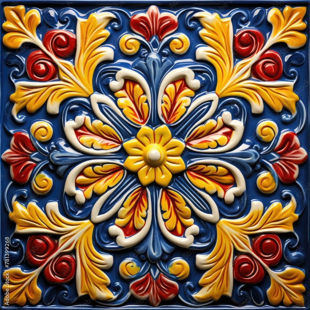Hand-Painted Italian Majolica Ceramic Tile with Dynamic Red, Yellow, and Blue Design