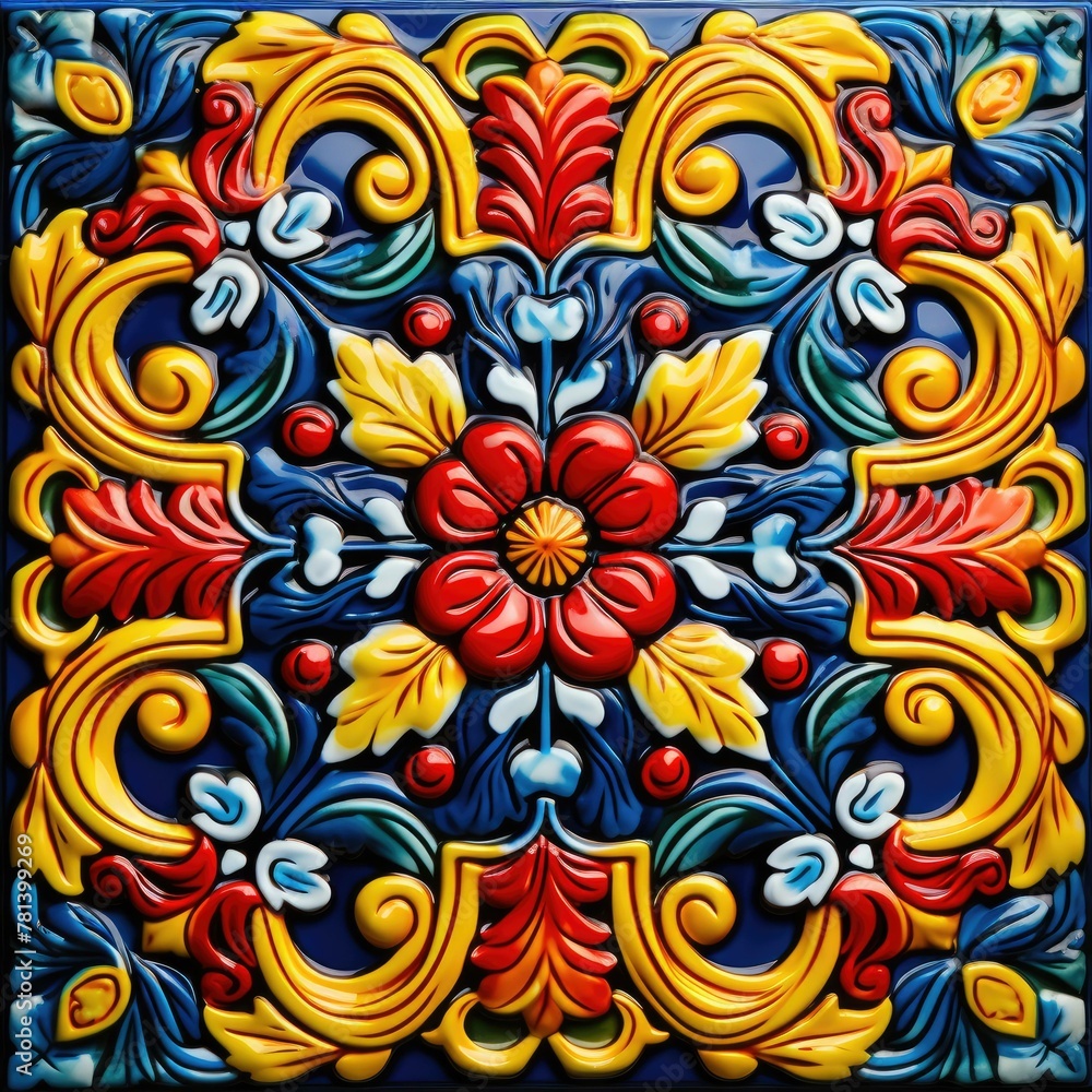 Naklejka premium Hand-Painted Italian Majolica Ceramic Tile with Dynamic Red, Yellow, and Blue Design