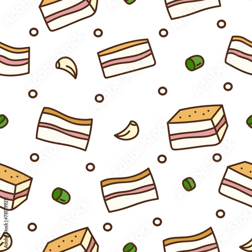 Ukrainian national dish lard with garlic in doodle style on a white background seamless pattern.