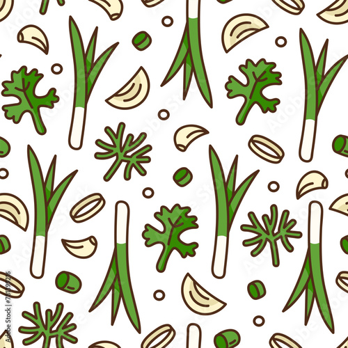 Seasonal greens parsley, onion, dill and garlic in doodle style on white background seamless pattern. Ukrainian seasonings for dishes illustration.