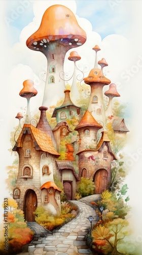 A whimsical village with houses shaped like giant mushrooms and whimsical inhabitants