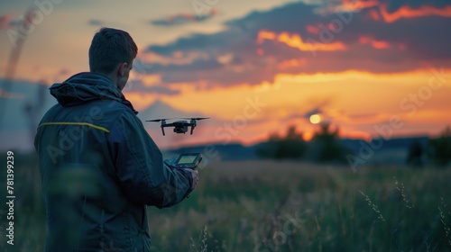 Drone operated by young man flying over an sea