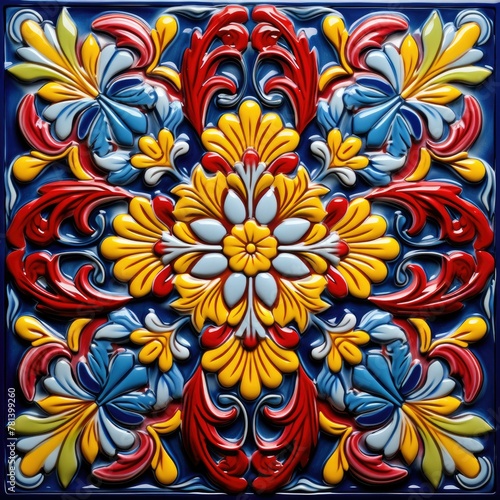 Hand-Painted Italian Majolica Ceramic Tile with Dynamic Red  Yellow  and Blue Design