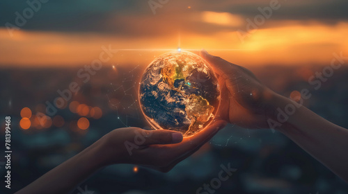 Abstract science. Hands touching earth and circle global network connection  data exchanges worldwide on city sunset background. Innovation. Creative and inspiration idea and Networking.