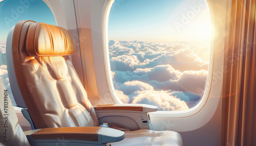 The airplane is filled with white seats and the windows are open by AI generated image photo