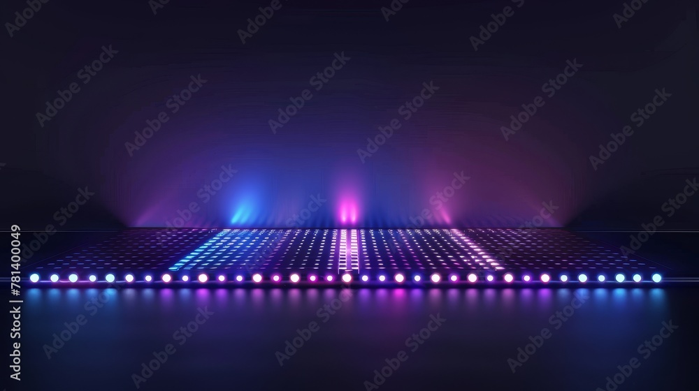 Modern illustration of large TV display on black background with glowing neon blue and purple dots. Digital scoreboard with diode lamps for stadium.