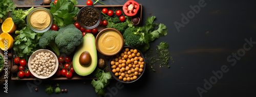 Wallpaper Mural Wide flat lay banner image of vegetarian day food banner with different types of vegetables and fruit items in a manner on black color wooden table mockup with copy space Torontodigital.ca