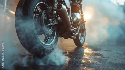 biker staying on bike on road with smoke of the tire, burn out in the moto show