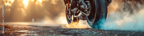 biker staying on bike on road with smoke of the tire, burn out in the moto show photo