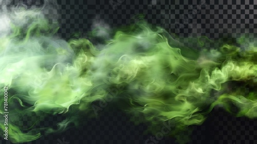 Green gas clouds on transparent background. Modern illustration of toxic fog, evil magic mist, poisonous evaporation. Color powder, stinky odor waves, mystery Halloween glow.